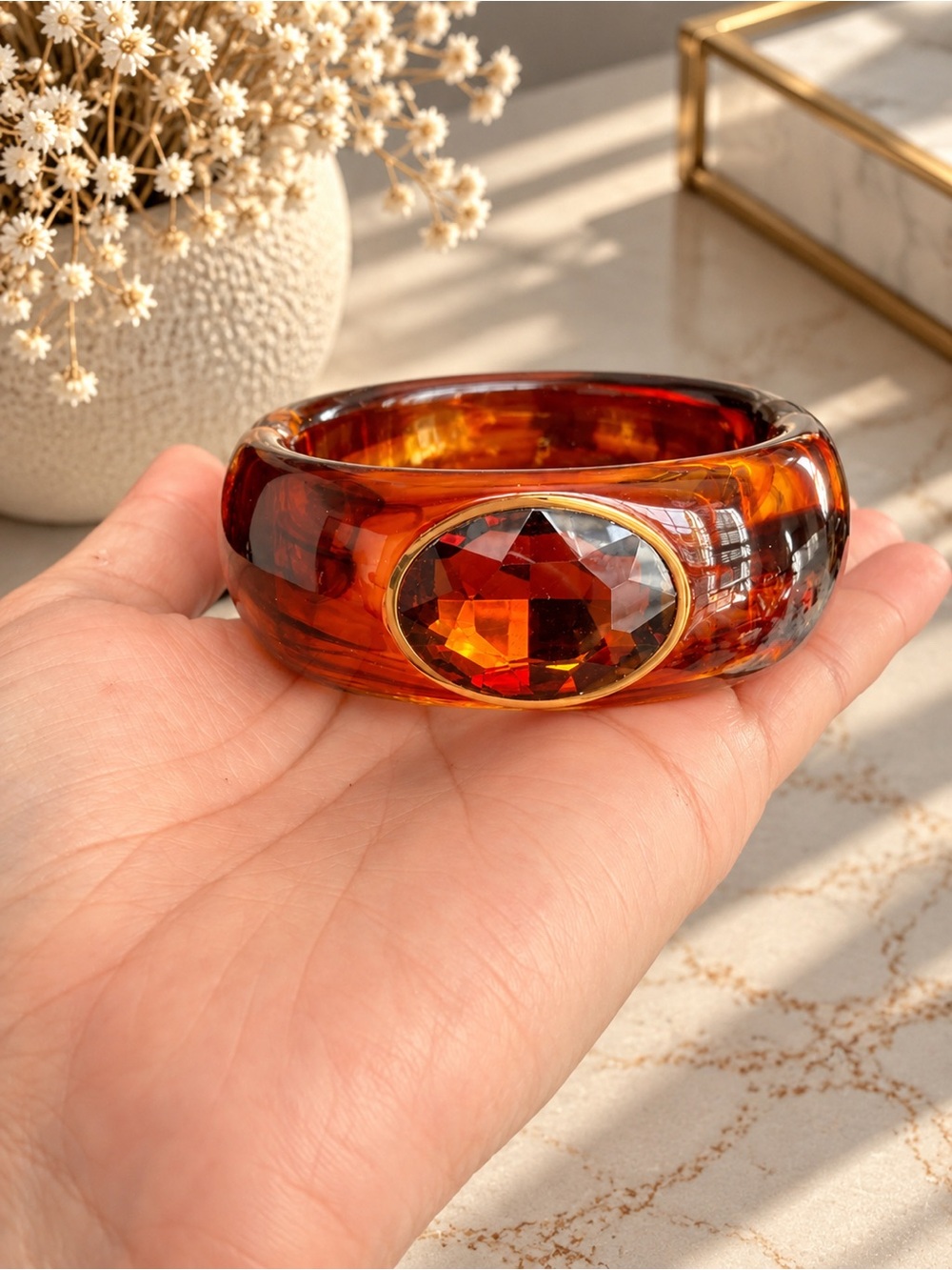 Amber Crystal Chunky Bangle Bracelet